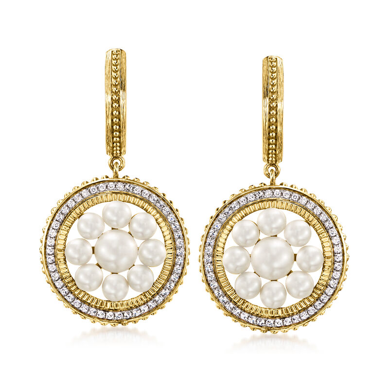 3.5-6mm Cultured Pearl and .40 ct. t.w. White Topaz Drop Earrings in 18kt Gold Over Sterling image number 0