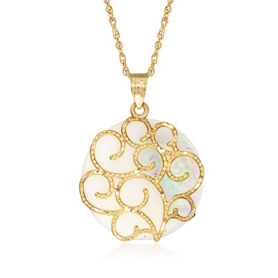 C. 1990 Vintage Mother-of-Pearl Swirl Disc Pendant Necklace in 14kt Yellow Gold