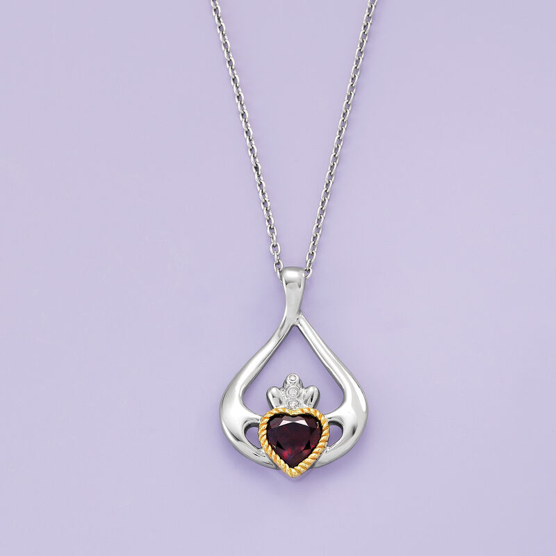 1.70 Carat Garnet Heart Claddagh Pendant Necklace in Sterling Silver with 14kt Yellow Gold image number 2