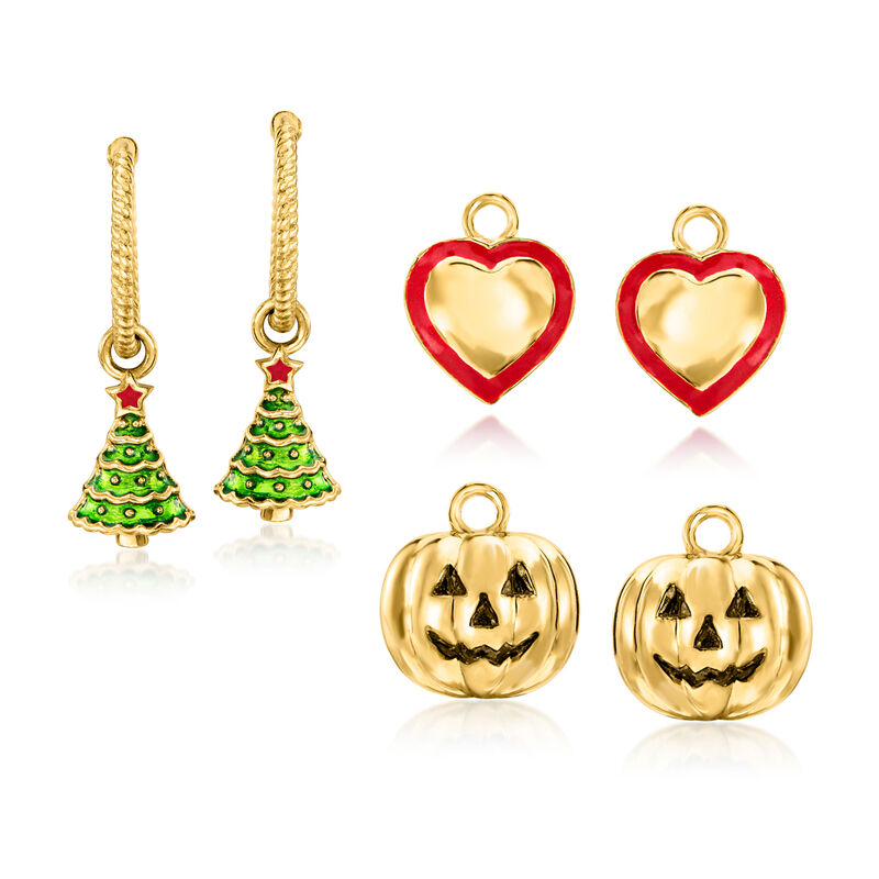 18kt Gold Over Sterling Jewelry Set: Hoop Earrings with Interchangeable Holiday Charms  image number 0