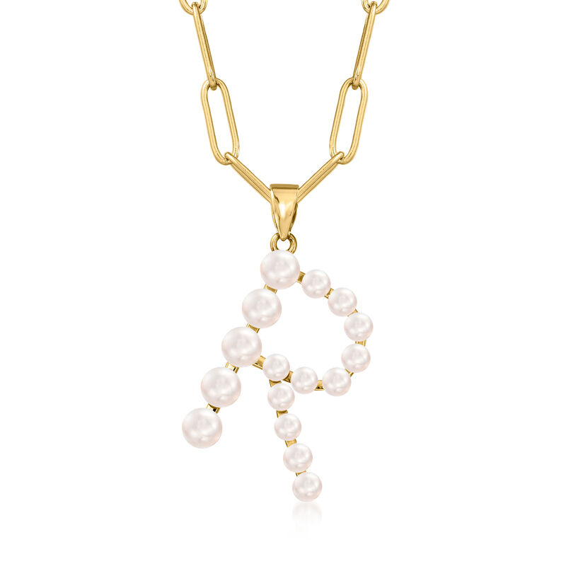 R - Cultured Pearl Initial Pendant Paper Clip Link Necklace in 18kt Gold Over Sterling. 18&quot;   image number 0