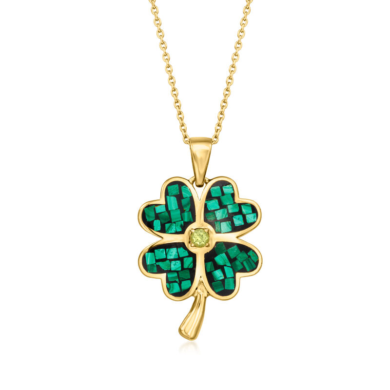 Carved Malachite Inlay Four-Leaf Clover Pendant Necklace with .10 Carat Peridot in 18kt Gold Over Sterling. 18&quot; image number 0