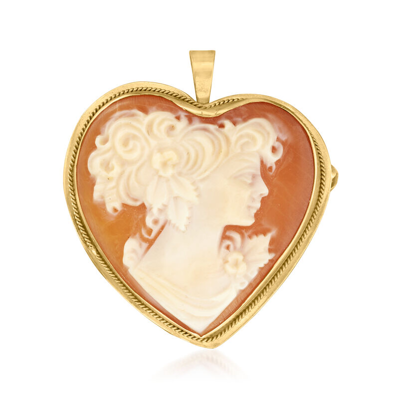 C. 1970 Vintage Orange Shell Heart Cameo Pin/Pendant in 14kt Yellow Gold image number 0