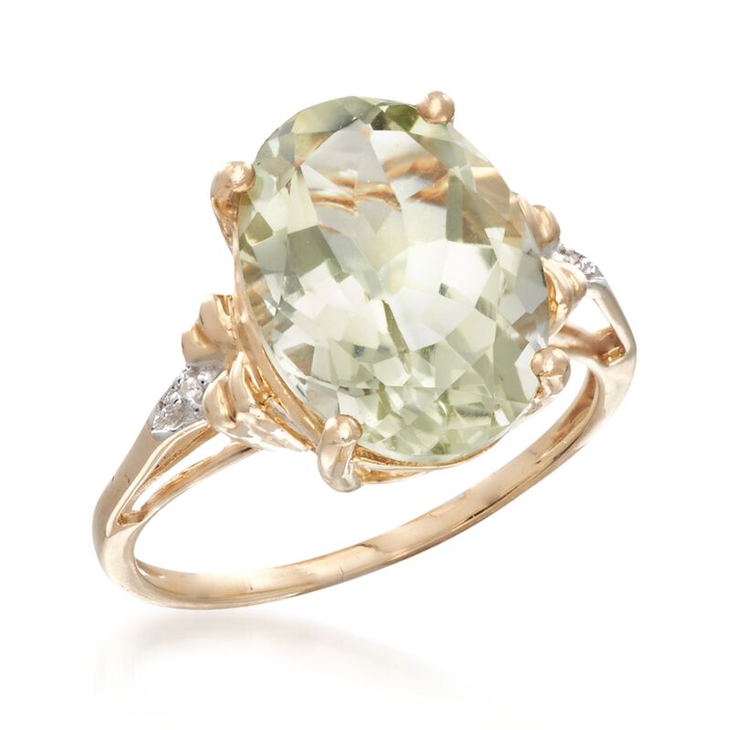 4.50 Carat Green Prasiolite Ring with Diamond Accents in 14kt Yellow Gold image number 3
