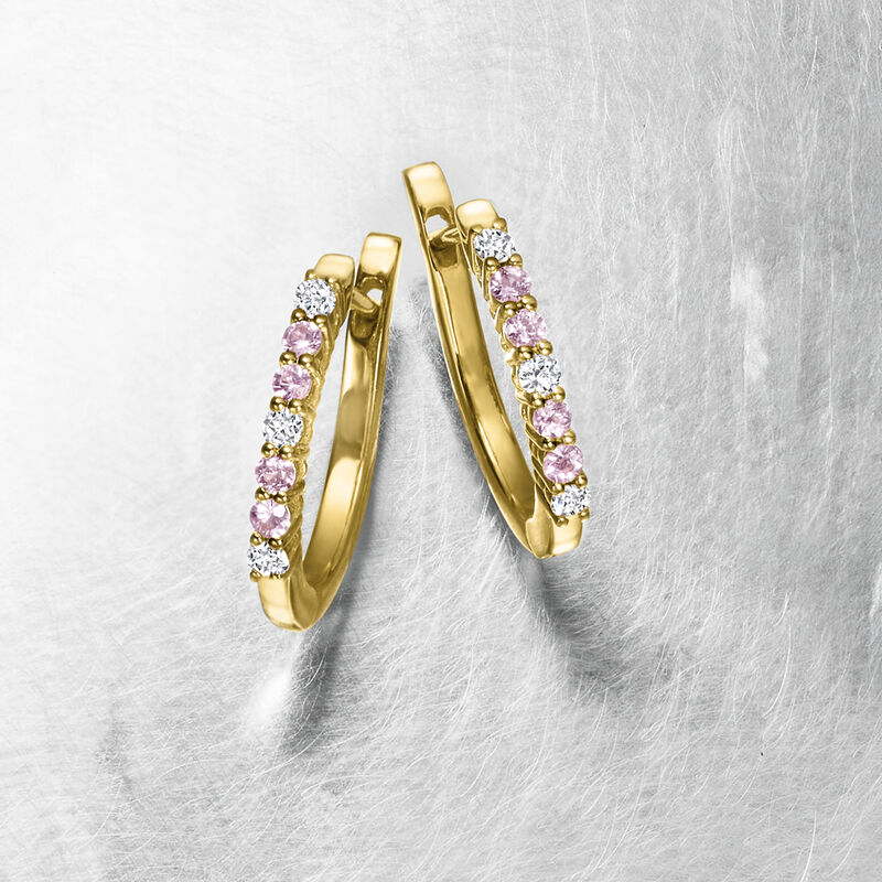 .20 ct. t.w. Pink Sapphire and .18 ct. t.w. Diamond Hoop Earrings in 18kt Gold Over Sterling. 5/8&quot; image number 2