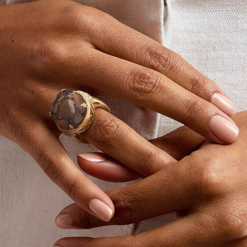 20.00 Carat Smoky Quartz and 1.60 ct. t.w. White Zircon Ring in 18kt Gold Over Sterling image number 1