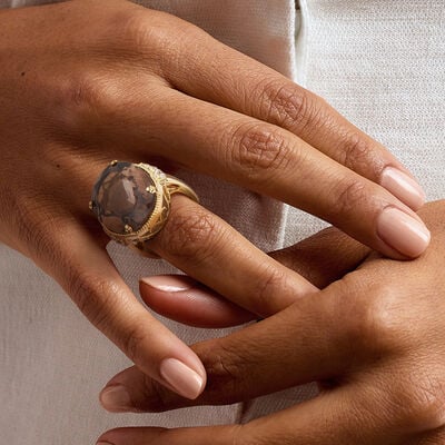 20.00 Carat Smoky Quartz and 1.60 ct. t.w. White Zircon Ring in 18kt Gold Over Sterling