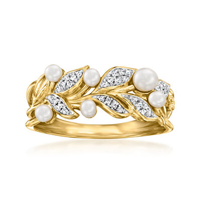2-3.5mm Cultured Pearl Vine Ring with Diamonds in 18kt Gold Over Sterling