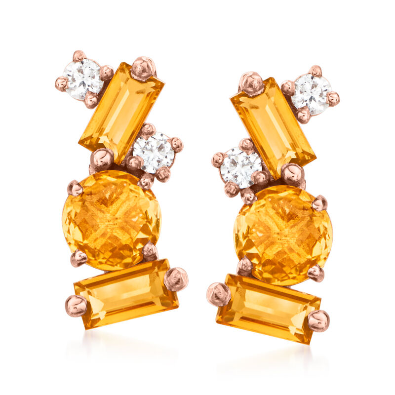 C. 1990 Vintage Suzanne Kalan .95 ct. t.w. Citrine and .10 ct. t.w. Diamond Earrings in 14kt Rose Gold image number 0