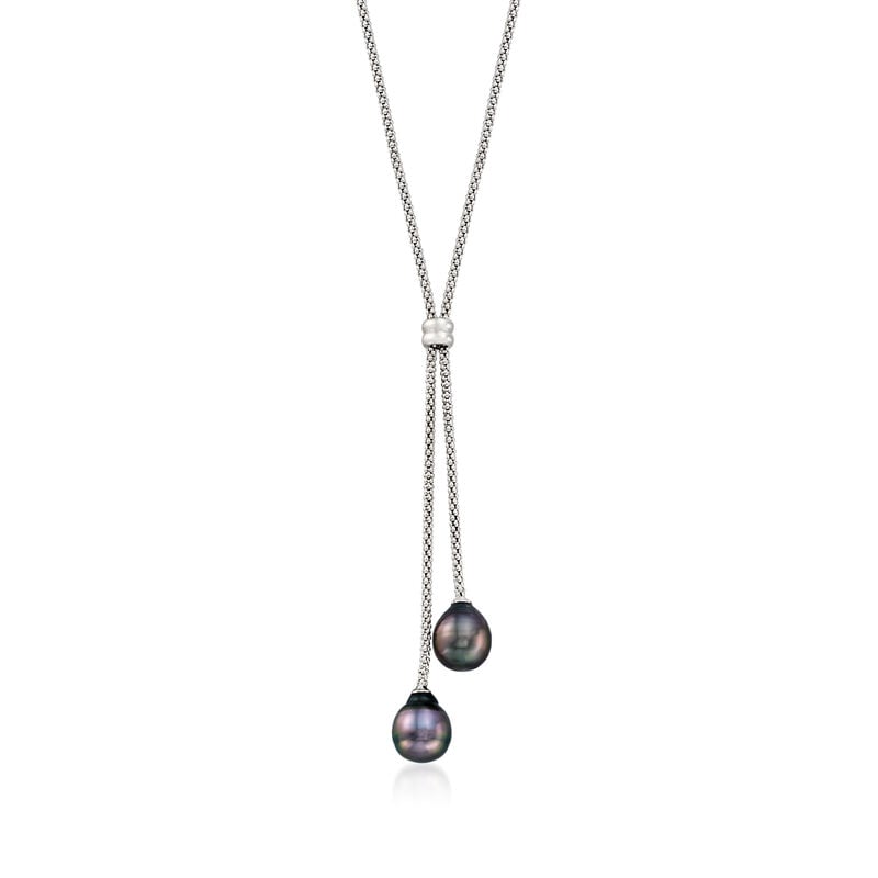 9-10mm Black Cultured Tahitian Pearl Y-Necklace in Sterling Silver. 16&quot; image number 1