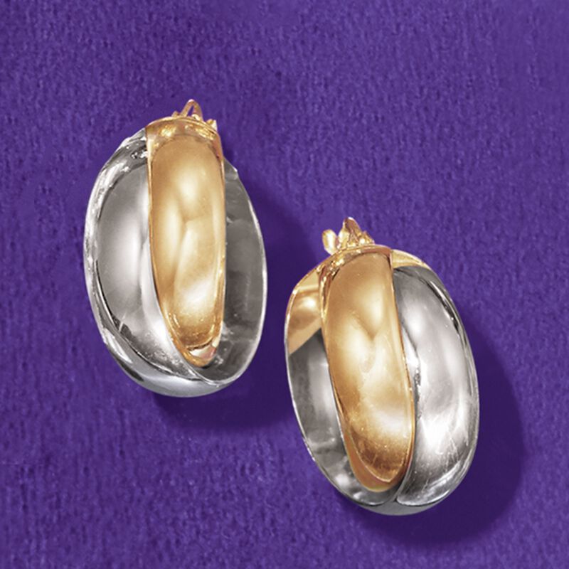 Italian 18kt Two-Tone Gold Crisscross Hoop Earrings. 3/4&quot; image number 2