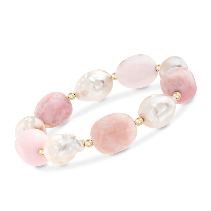 12-14mm Cultured Baroque Pearl and Pink Opal Bead Stretch Bracelet with 14kt Yellow Gold image number 0