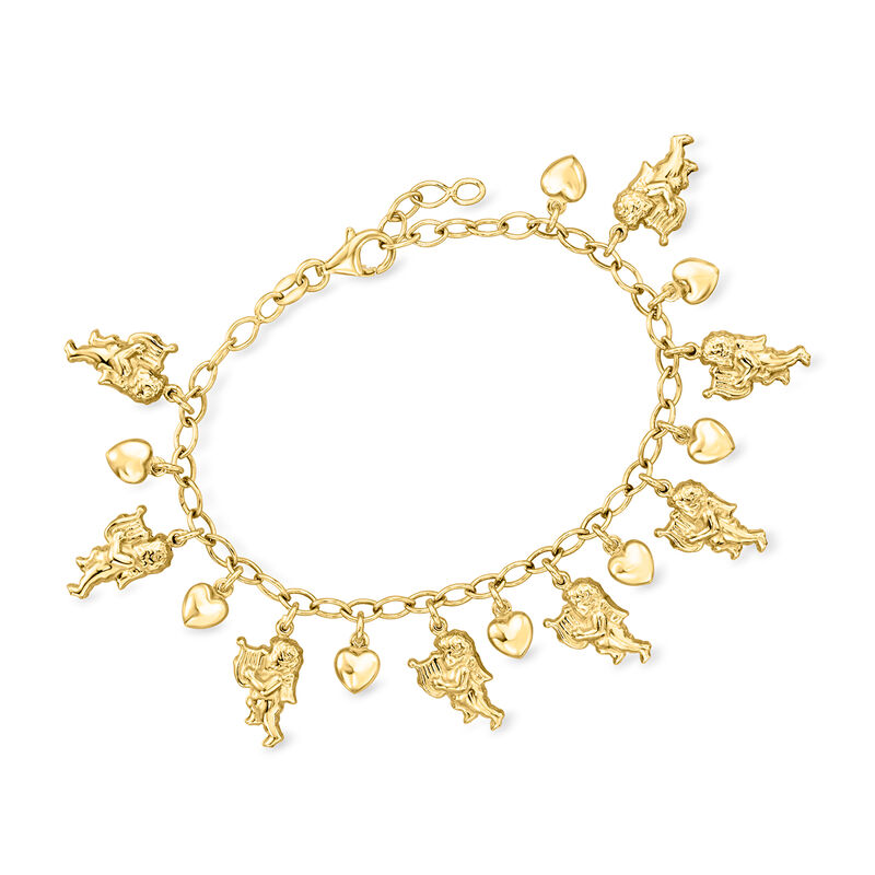 Italian 18kt Gold Over Sterling Silver Cherub and Heart Charm Bracelet. 7&quot; image number 0