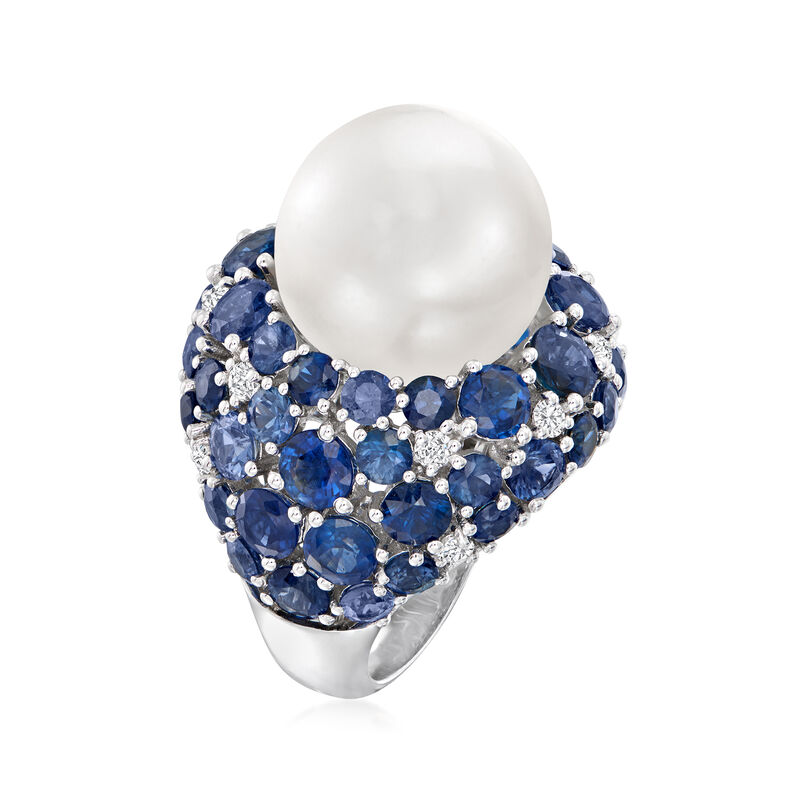 14-15mm Cultured South Sea Pearl and 10.00 ct. t.w. Sapphire Ring with .38 ct. t.w. Diamonds in 18kt White Gold image number 2