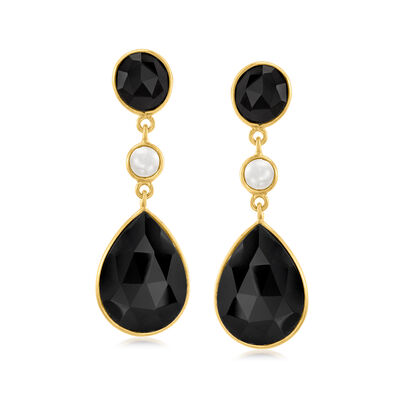 Black Onyx and 5mm Cultured Freshwater Button Pearl Drop Earrings in 18kt Gold Over Sterling