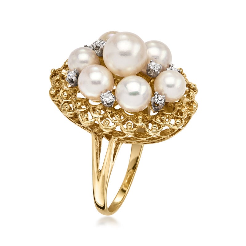 C. 1980 Vintage 6-7mm Cultured Pearl Cluster Ring with Diamonds in 14kt Yellow Gold. Size 6 image number 2