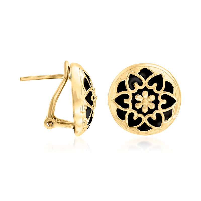 18kt Gold Over Sterling and Black Enamel Floral Button Earrings image number 2