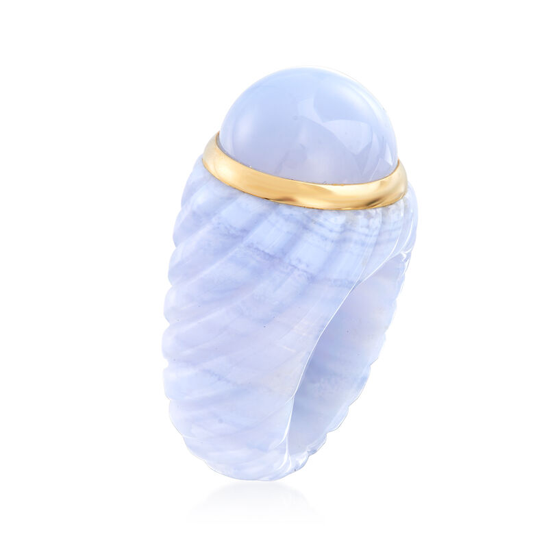 14mm Blue Chalcedony Ring in Carved Blue Agate and 14kt Yellow Gold image number 2