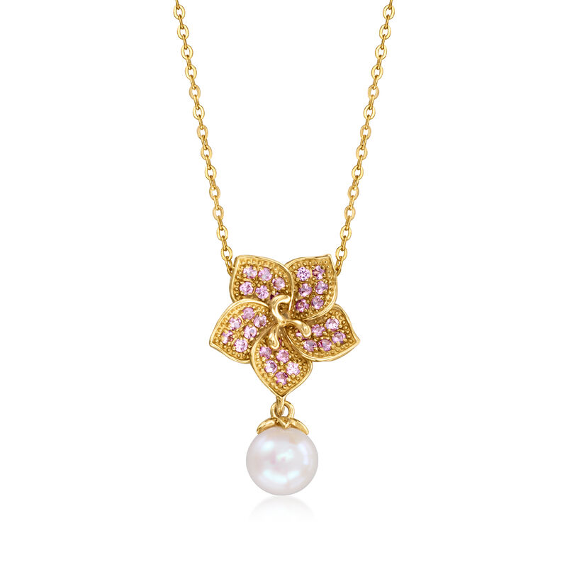 7-7.5mm Cultured Pearl and .40 ct. t.w. Pink Sapphire Flower Pendant Necklace in 18kt Gold Over Sterling. 18" image number 0