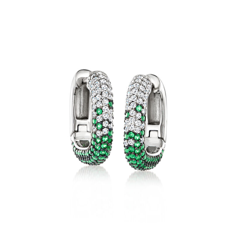 Italian .80 ct. t.w. Simulated Emerald and .40 ct. t.w. CZ Square Hoop Earrings in Sterling Silver. 5/8" image number 2