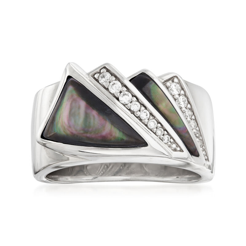 Belle Etoile &quot;Empire&quot; Black Mother-Of-Pearl and .16 ct. t.w. CZ Ring in Sterling Silver image number 0