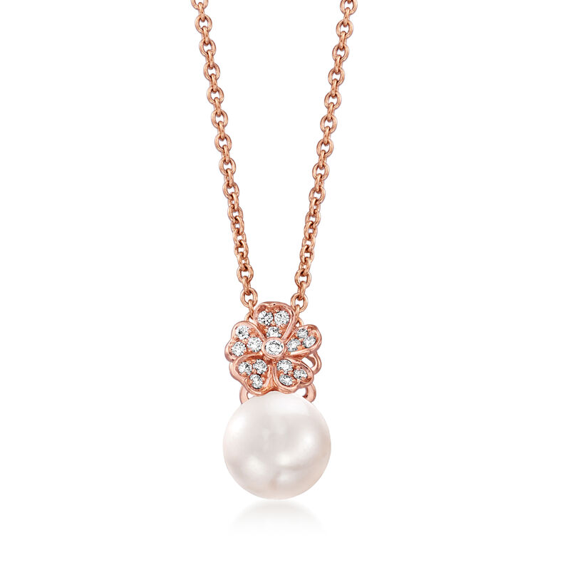 Mikimoto &quot;Cherry Blossom&quot; 8mm A+ Akoya Pearl and .11 ct. t.w. Diamond Pendant Necklace in 18kt Rose Gold. 15.75&quot; image number 1