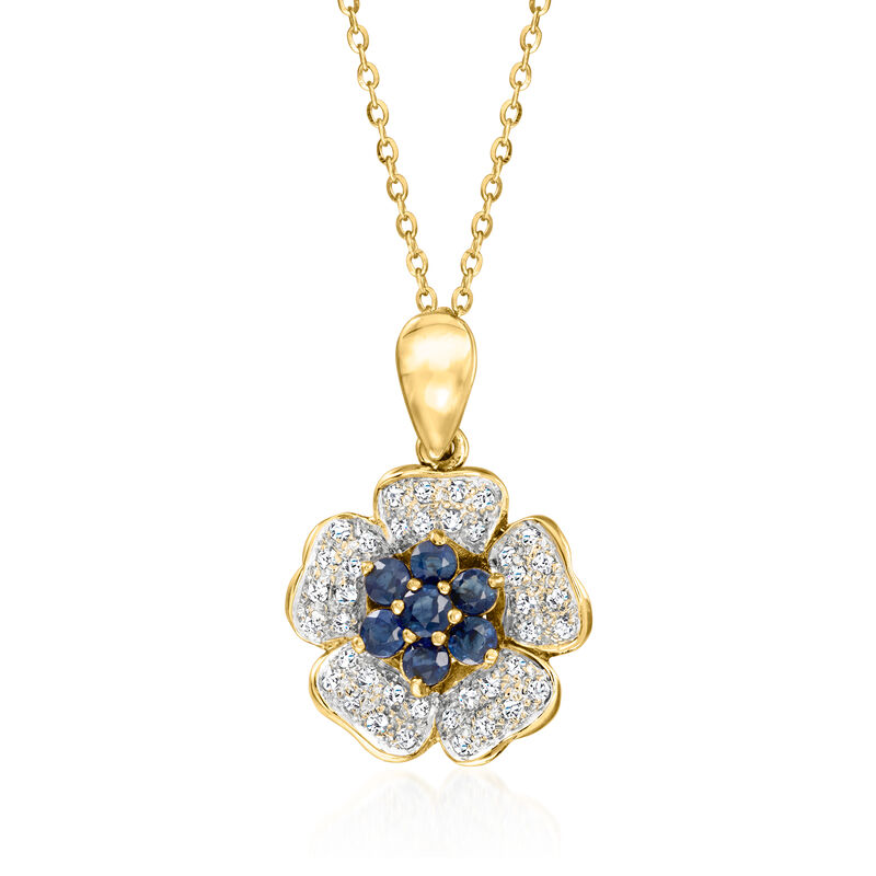 C. 1980 Vintage .50 ct. t.w. Sapphire and .20 ct. t.w. Diamond Flower Pendant Necklace in 18kt Yellow Gold. 18" image number 0