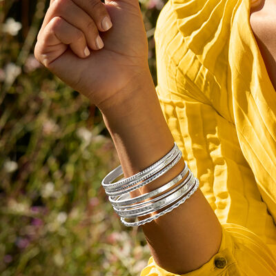 Italian Sterling Silver Jewelry Set: Seven Assorted Textured Bangle Bracelets