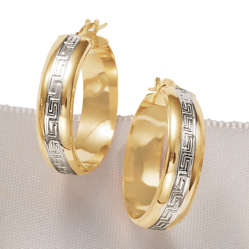 Italian 14kt Two-Tone Gold Greek Key Hoop Earrings. 7/8&quot;. image number 3