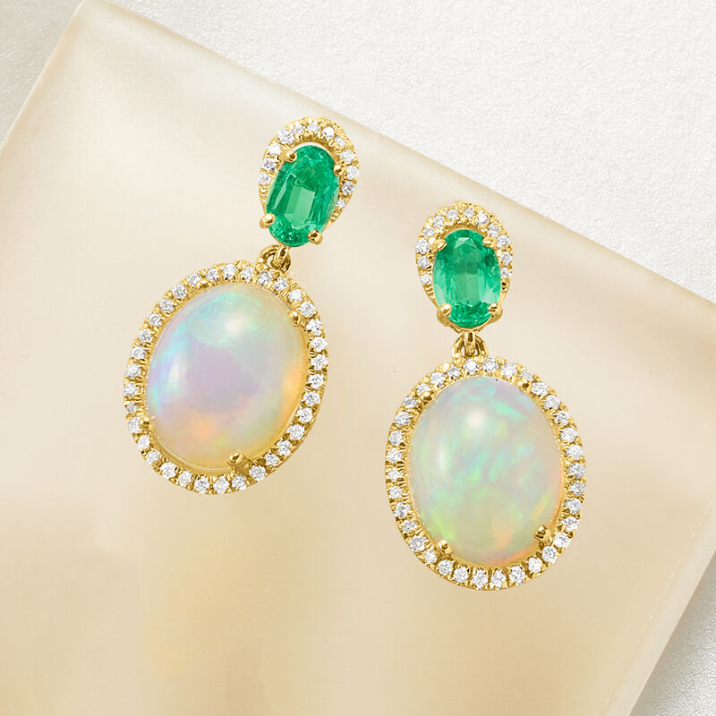 Ethiopian Opal, .90 ct. t.w. Emerald and .32 ct. t.w. Diamond Drop Earrings in 14kt Yellow Gold image number 2