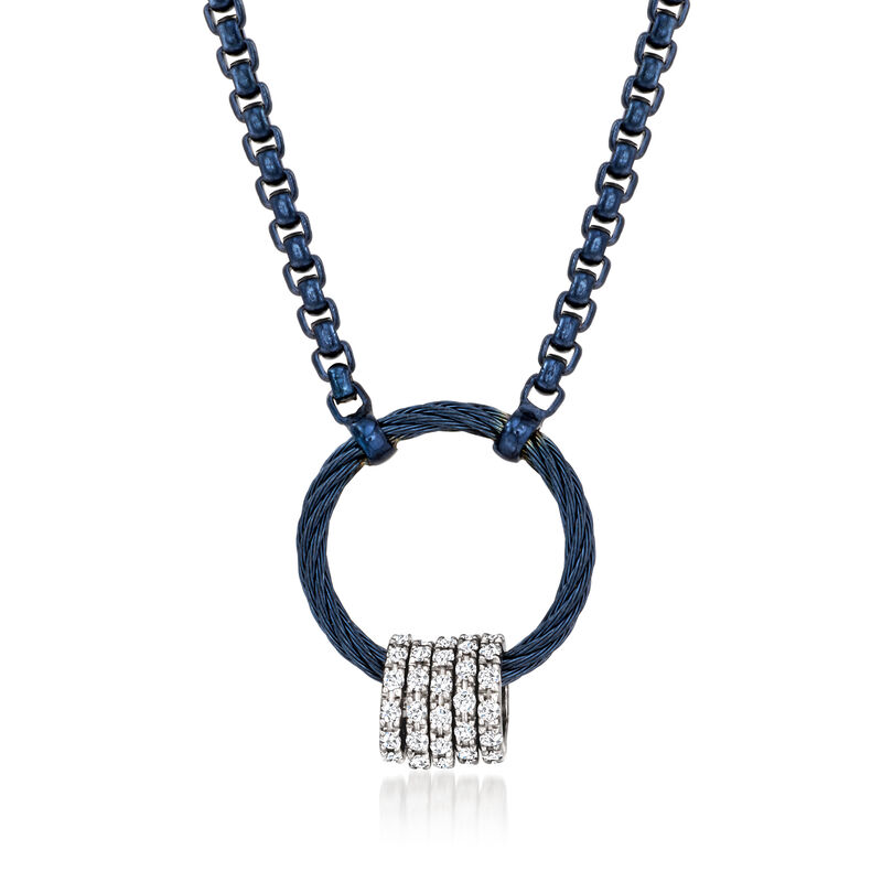 ALOR Blue Stainless Steel Cable Circle Necklace with .30 ct. t.w. Diamonds in 14kt White Gold. 16.5&quot; image number 0