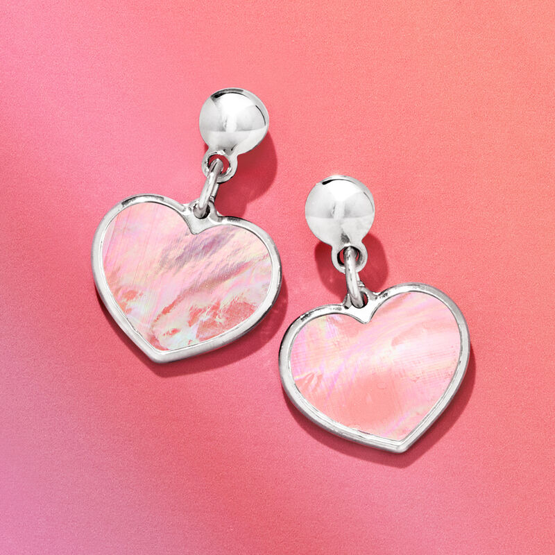 Italian Pink Mother-of-Pearl Heart Drop Earrings in Sterling Silver image number 3