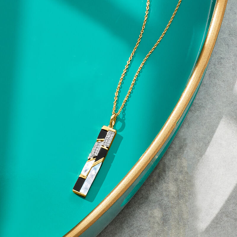 Mother-Of Pearl and Onyx Pendant Necklace with .10 ct. t.w. White Topaz in 18kt Yellow Gold Over Sterling. 18&quot; image number 2