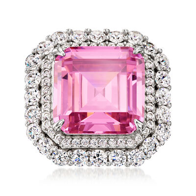 13.00 Carat Simulated Pink Sapphire Ring with .70 ct. t.w. CZs in Sterling Silver