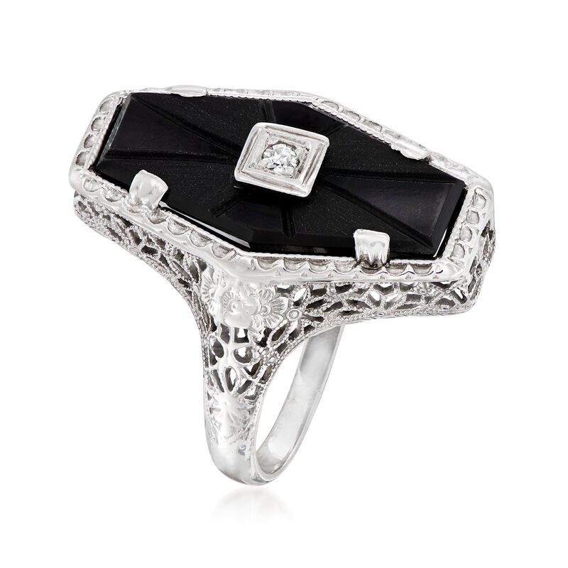 C. 1950 Vintage Black Onyx Ring with Diamond Accent in 14kt White Gold image number 2