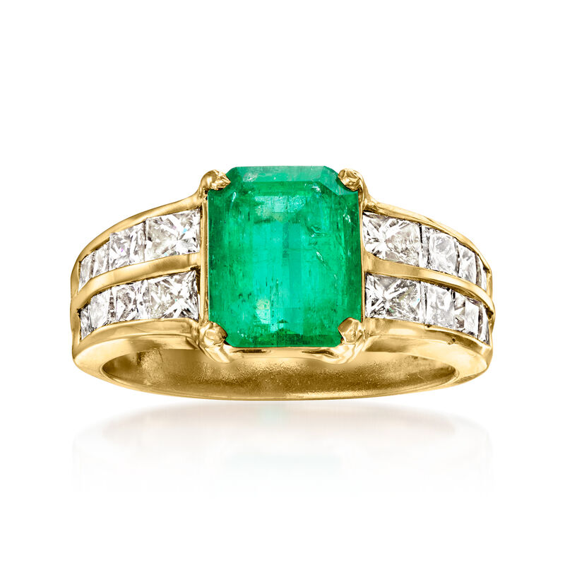 C. 1980 Vintage 2.35 Carat Emerald and 1.15 ct. t.w. Diamond Ring in 14kt Yellow Gold image number 0