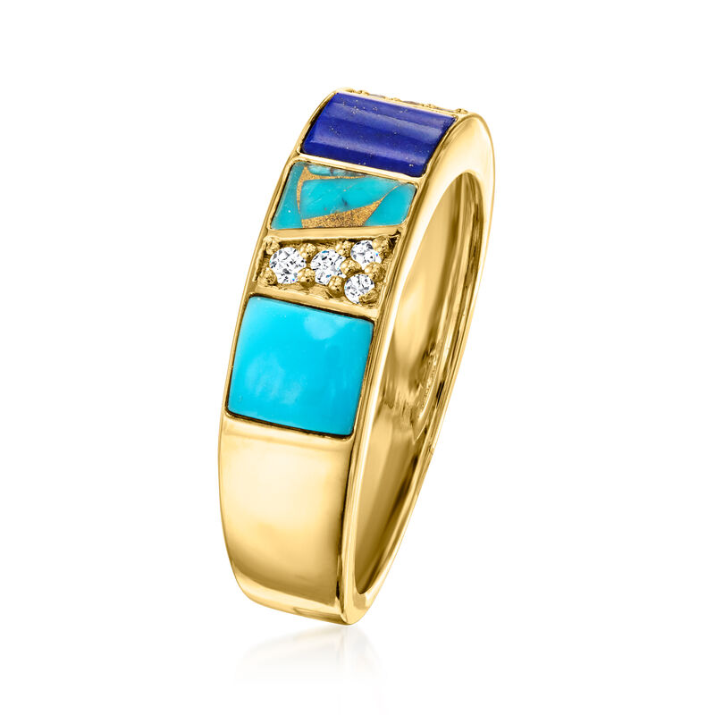 Turquoise, Lapis and .20 ct. t.w. White Topaz Ring in 18kt Gold Over Sterling image number 2