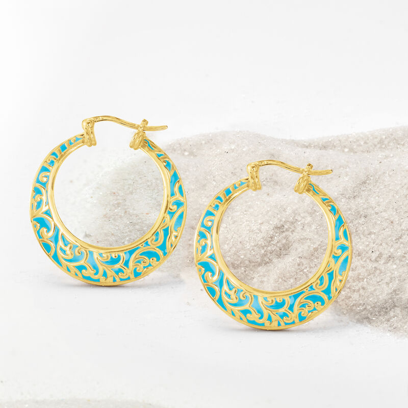 18kt Gold Over Sterling and Turquoise Enamel Scrollwork Hoop Earrings image number 2
