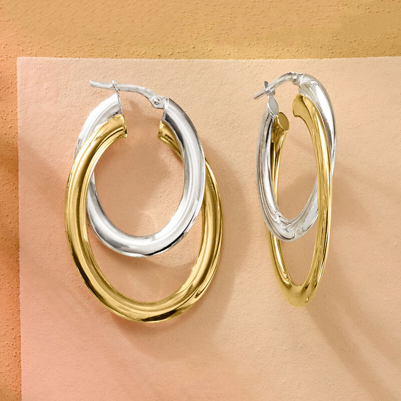 Italian Sterling Silver and 18kt Gold Over Sterling Double-Hoop Earrings. 1 5/8" image number 3