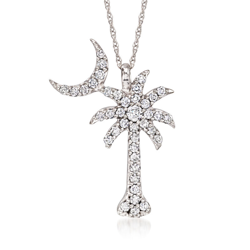 C. 2000 Vintage .50 ct. t.w. Diamond Palm Tree and Crescent Moon Pendant Necklace in 14kt White Gold. 18" image number 0