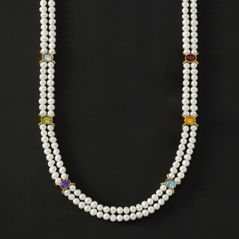 4.5-5.5mm Cultured Pearl Two-Strand Necklace with 4.80 ct. t.w. Multi-Gemstones in 18kt Gold Over Sterling image number 2