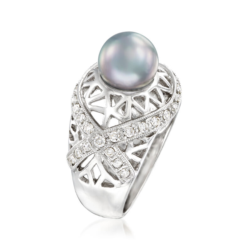 C. 1990 Vintage 8.8mm Cultured Gray Pearl and .75 ct. t.w. Diamond Ring in 18kt White Gold. Size 7.25 image number 2