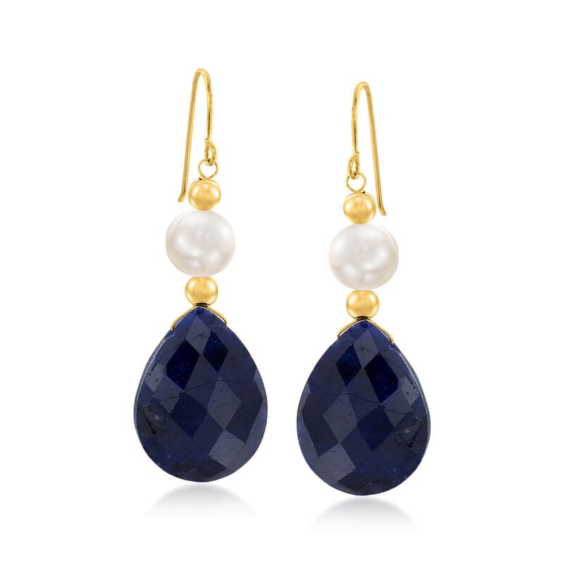 20.00 ct. t.w. Sapphire and Cultured Pearl Earrings in 14kt Yellow Gold image number 0