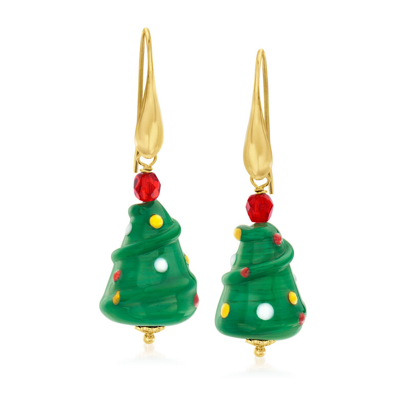 Italian Murano Glass Christmas Tree Drop Earrings in 18kt Gold Over Sterling image number 0