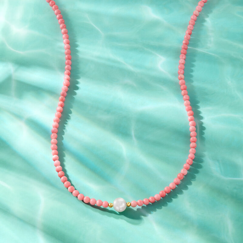 8.5-9mm Cultured Pearl and 4mm Pink Coral Bead Necklace with 18kt Gold Over Sterling image number 3