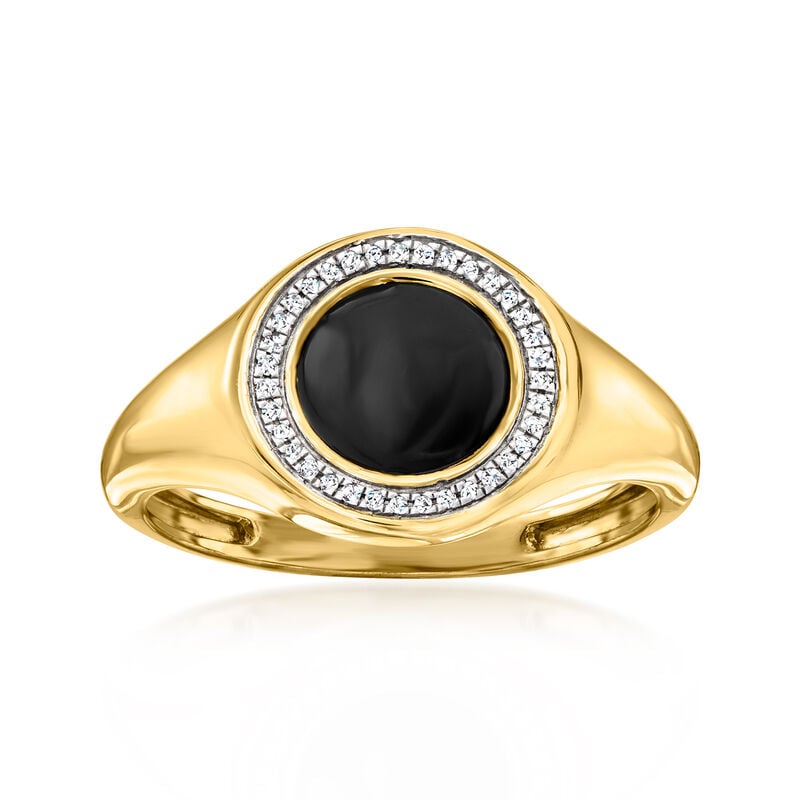 Black Enamel Signet Ring with Diamonds in 18kt Gold Over Sterling image number 0