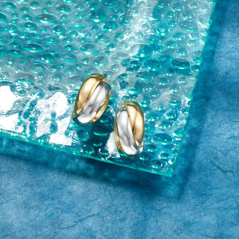 Italian 18kt Two-Tone Gold Crisscross Hoop Earrings. 3/4&quot; image number 3