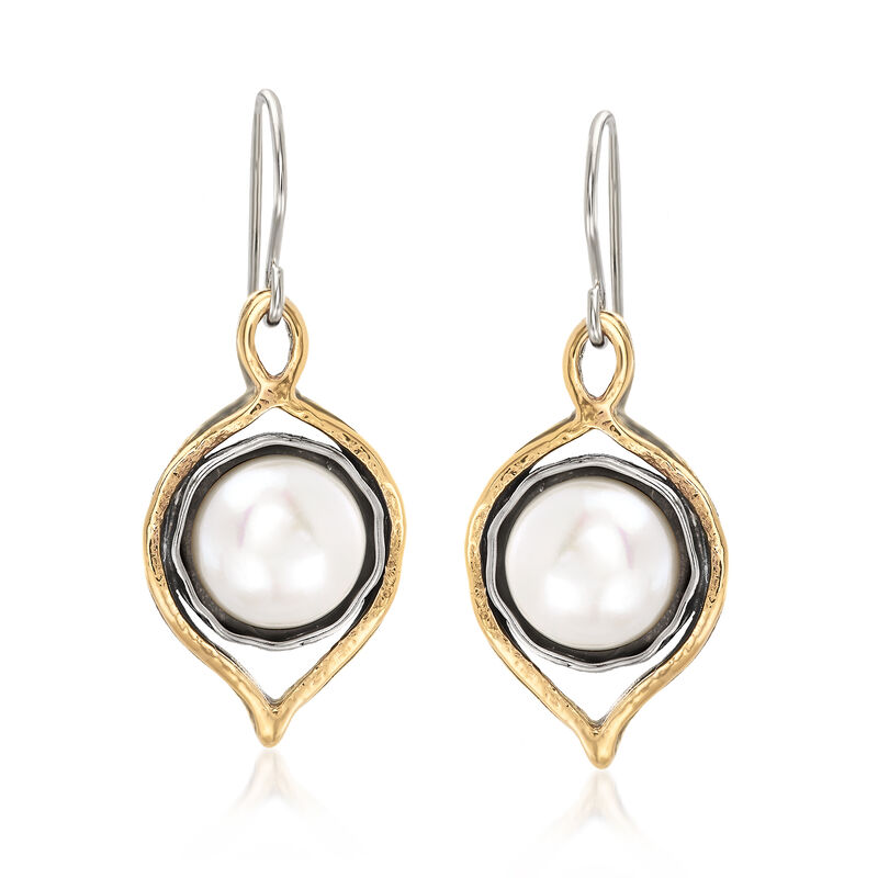 9.5-10mm Cultured Freshwater Pearl Drop Earrings in 14kt Yellow Gold and Sterling Silver image number 0