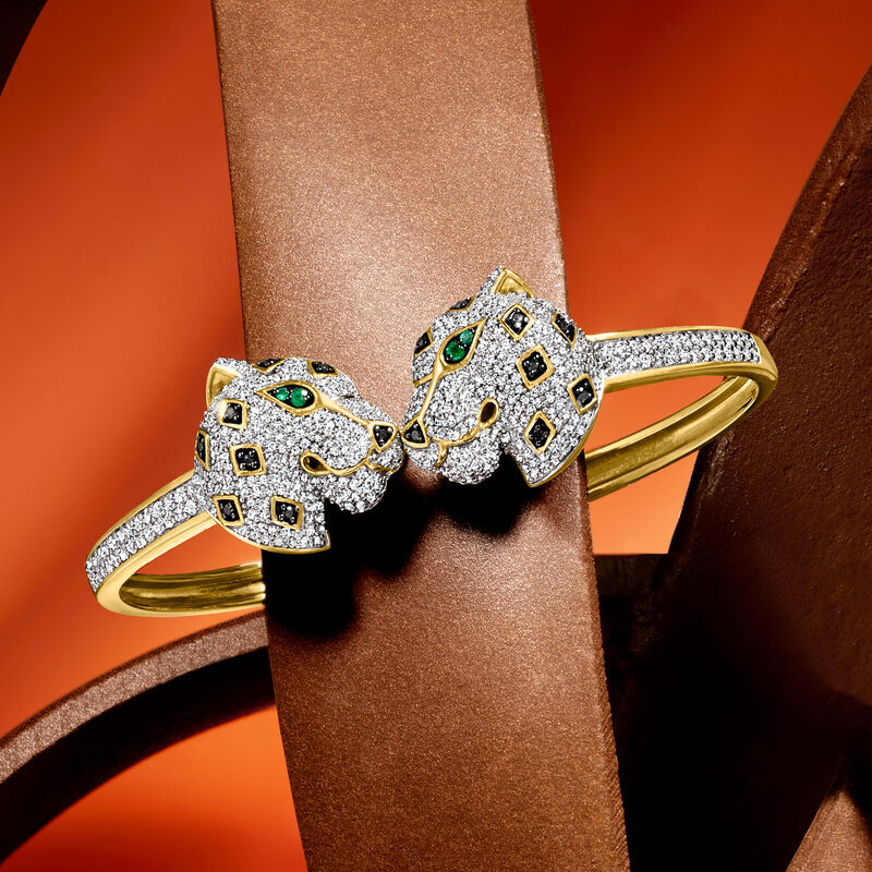 2.00 ct. t.w. White and Black Diamond Leopard Cuff Bracelet with Emeralds in 18kt Gold Over Sterling image number 2