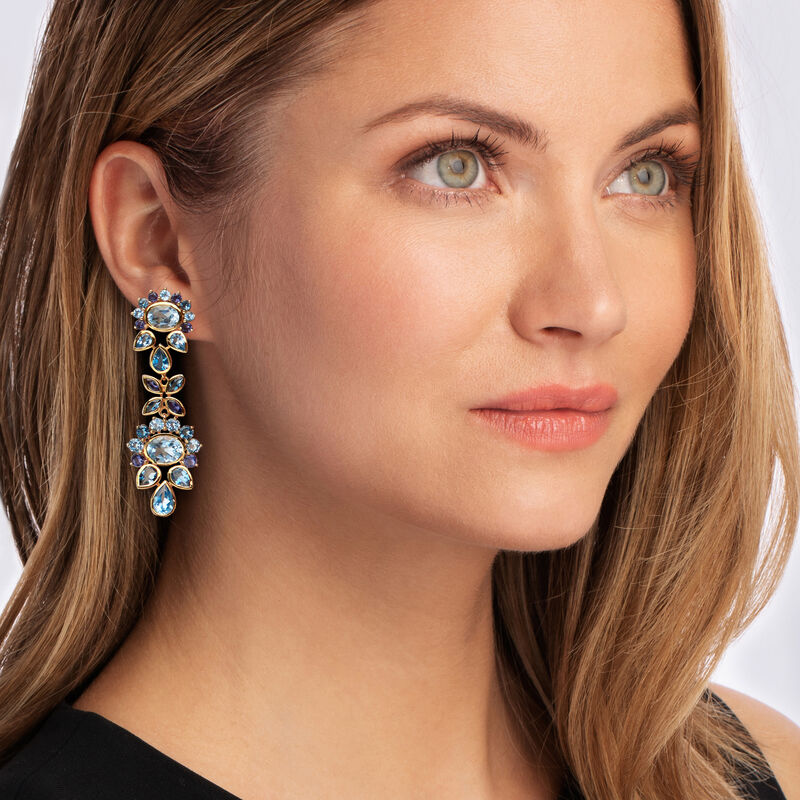 24.30 ct. t.w. Tonal Blue Topaz and 2.30 ct. t.w. Iolite Drop Earrings in 18kt Gold Over Sterling image number 1